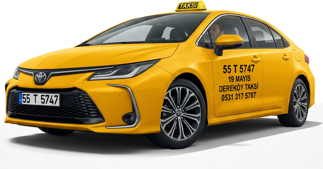 Sarı Renault taksi, ön görünüm, plaka 55 T 5747